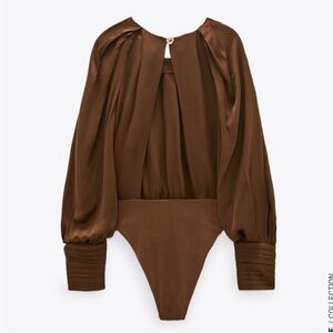 NWT Zara Pleated Satin Effect Bodysuit (brown) size M